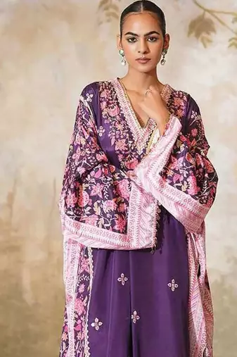 Purple printed crepe kaftan set