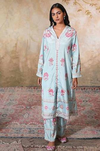 Blue printed crepe kurta set