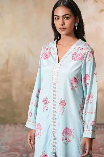 Blue printed crepe kurta set