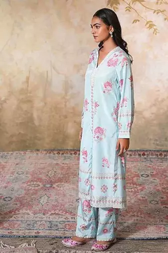 Blue printed crepe kurta set