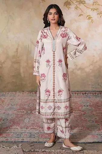 White printed crepe kurta set