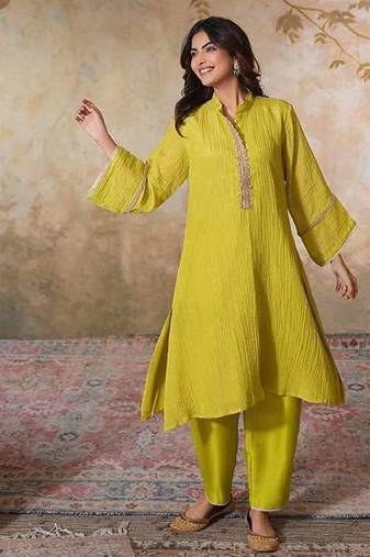 Yellow tissue kurta-set