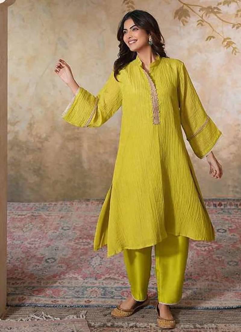 Yellow tissue kurta-set