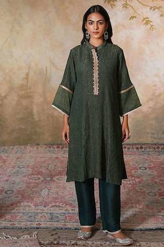 Green embroidered tissue kurta set