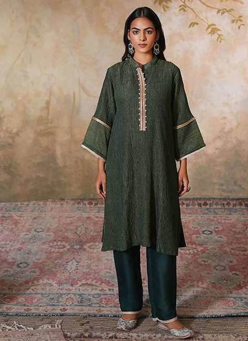 Green embroidered tissue kurta set