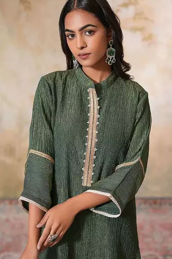Green embroidered tissue kurta set