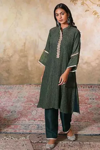Green embroidered tissue kurta set