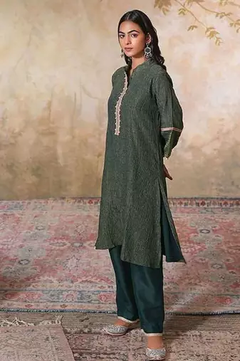 Green embroidered tissue kurta set