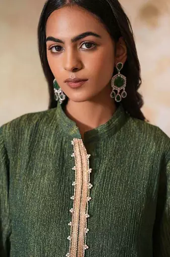 Green embroidered tissue kurta set