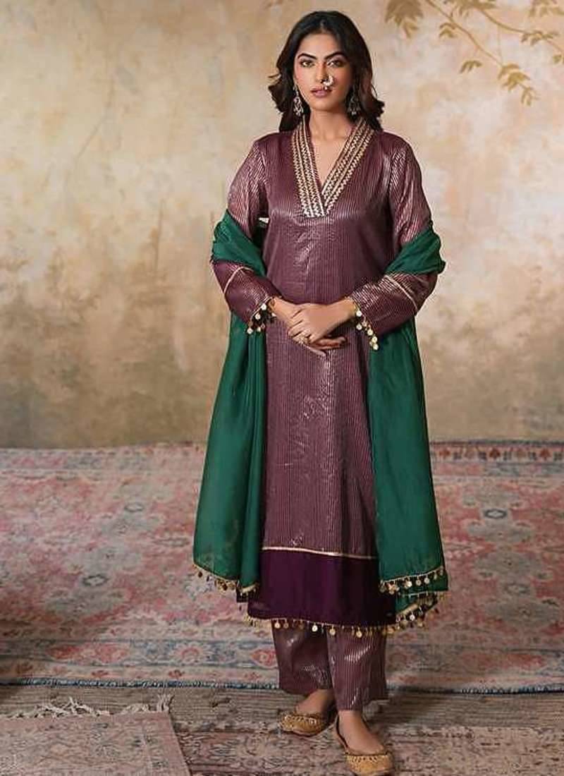 Brown chanderi kurta set with dupatta