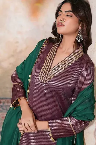 Brown chanderi kurta set with dupatta
