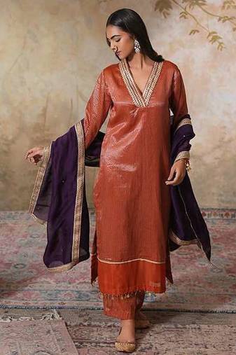 Orange chanderi kurta set with dupatta