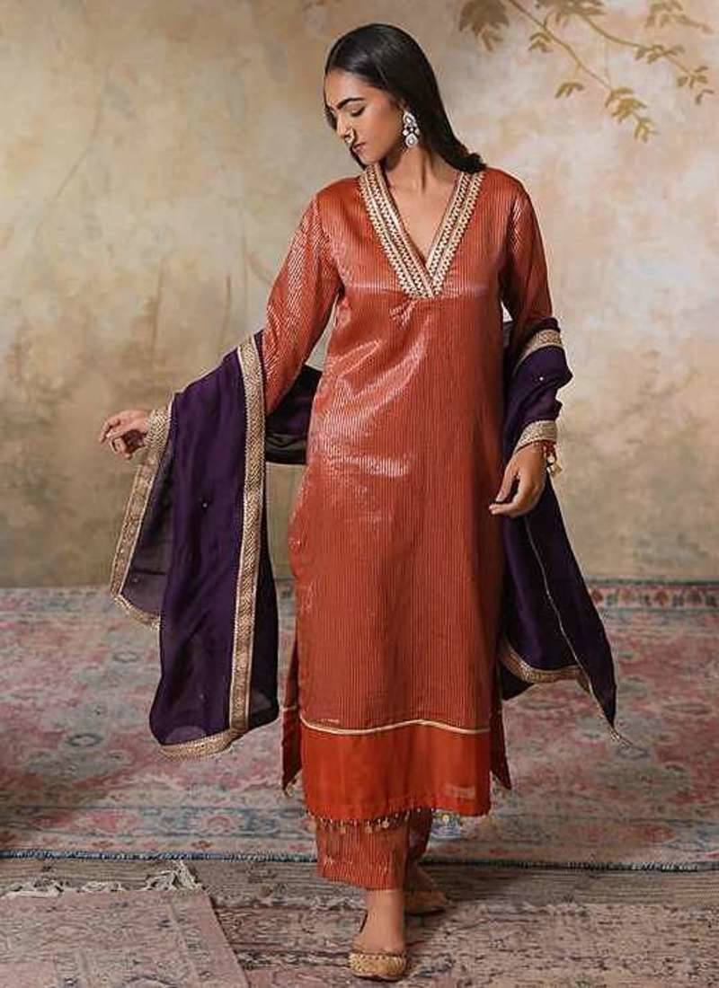 Orange chanderi kurta set with dupatta