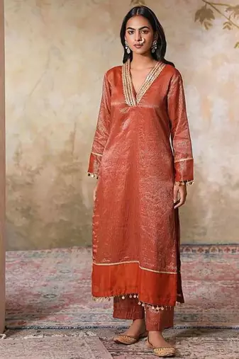 Orange chanderi kurta set with dupatta
