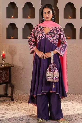 Purple printed crepe kurta set with dupatta