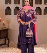 Purple printed crepe kurta set with dupatta