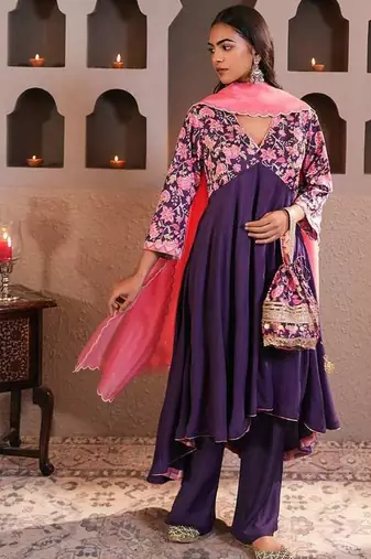 Purple printed crepe kurta set with dupatta