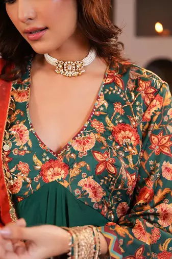 Green printed crepe kurta set with dupatta