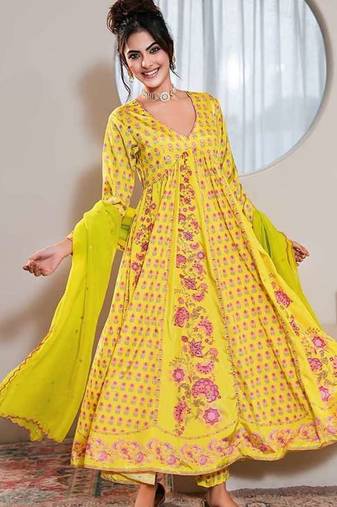 Yellow printed crepe anarkali set with dupatta