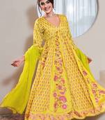 Yellow printed crepe anarkali set with dupatta