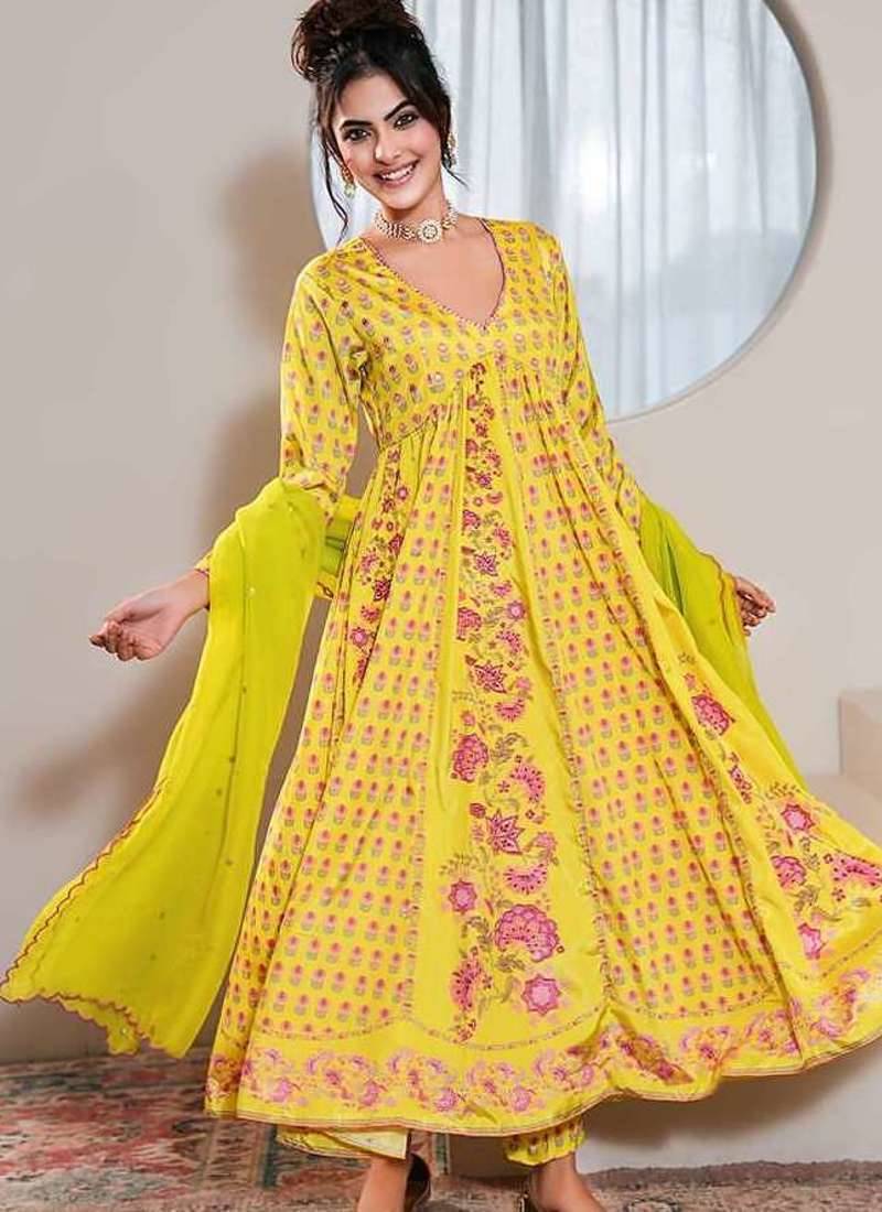 Yellow printed crepe anarkali set with dupatta