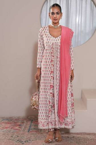 White printed crepe anarkali set with dupatta