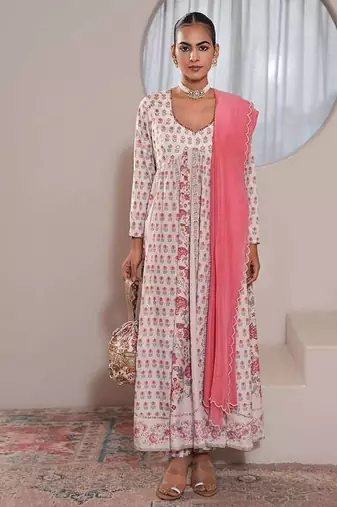 White printed crepe anarkali set with dupatta