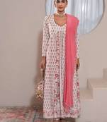 White printed crepe anarkali set with dupatta