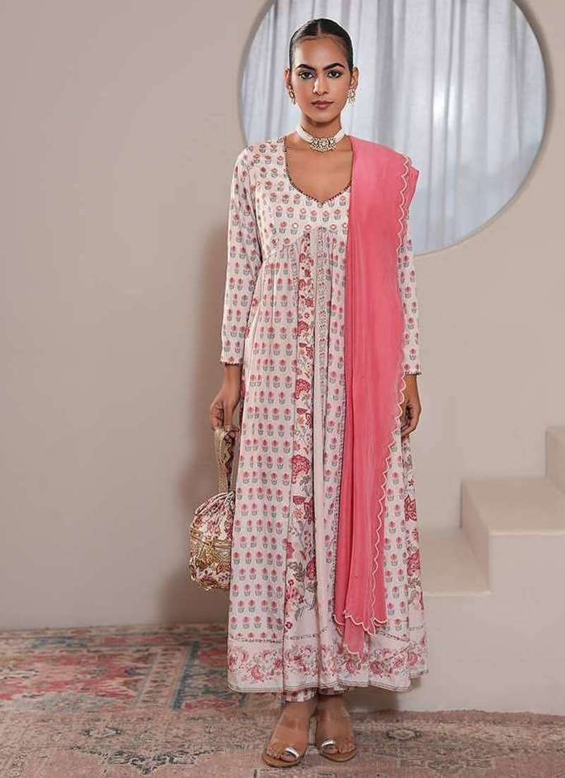 White printed crepe anarkali set with dupatta