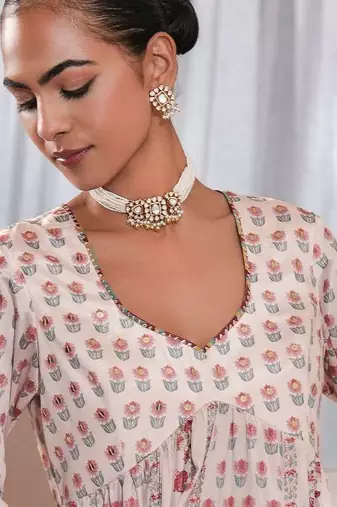 White printed crepe anarkali set with dupatta