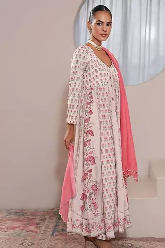 White printed crepe anarkali set with dupatta