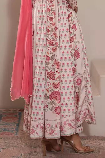White printed crepe anarkali set with dupatta