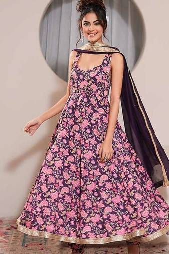 Purple printed crepe anarkali set with dupatta