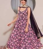 Purple printed crepe anarkali set with dupatta