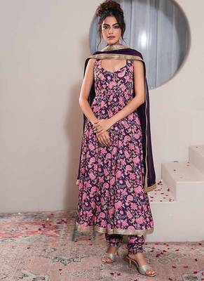 Purple printed crepe anarkali set with dupatta 4