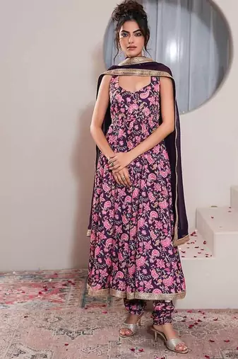 Purple printed crepe anarkali set with dupatta