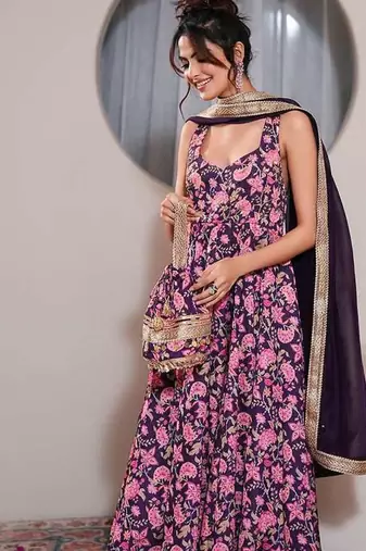 Purple printed crepe anarkali set with dupatta