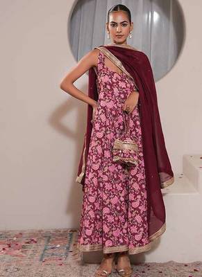 Pink printed crepe anarkali set with dupatta 1