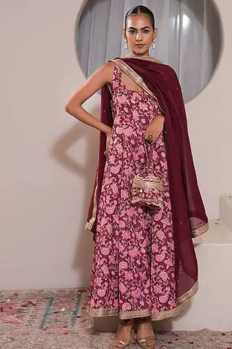 Pink printed crepe anarkali set with dupatta