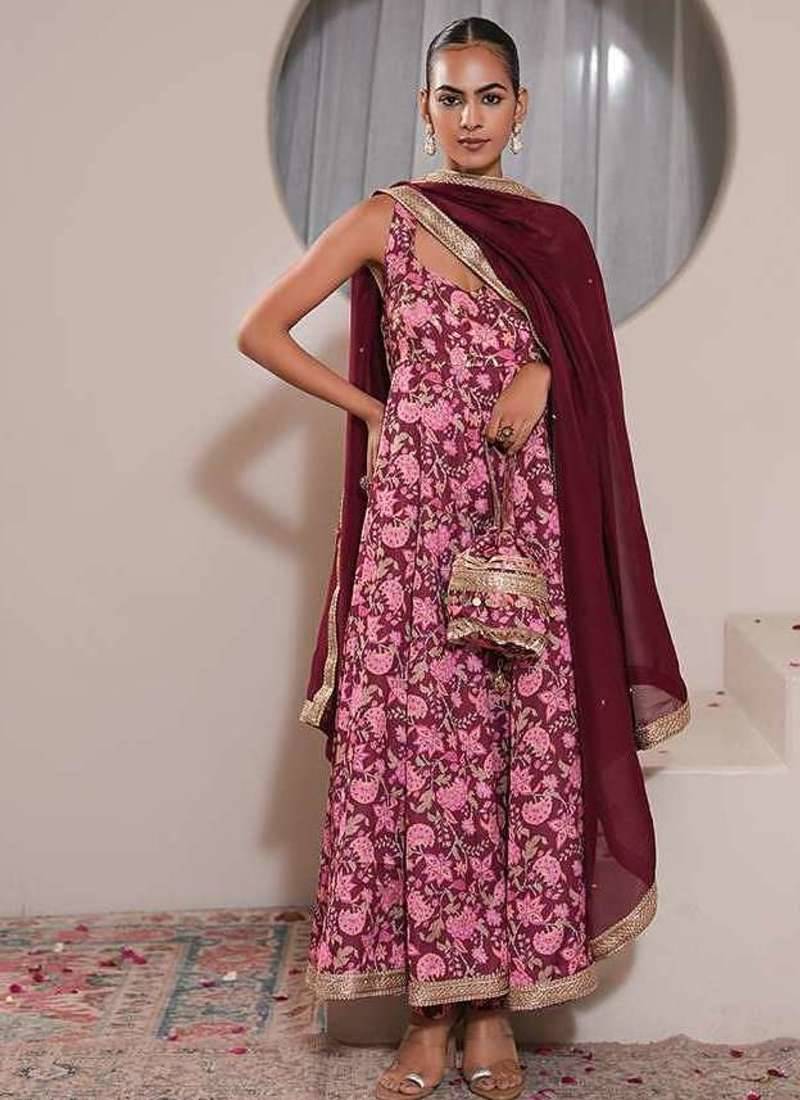 Pink printed crepe anarkali set with dupatta