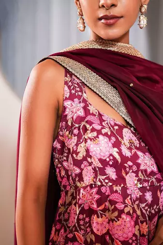 Pink printed crepe anarkali set with dupatta