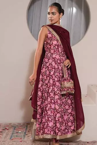 Pink printed crepe anarkali set with dupatta