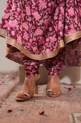 Pink printed crepe anarkali set with dupatta