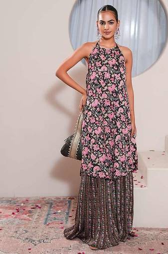 Black printed crepe gharara set