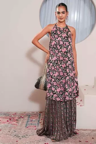 Black printed crepe gharara set