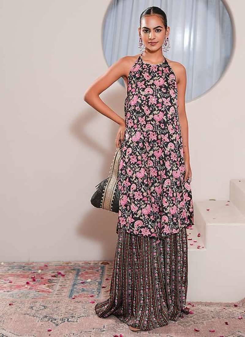 Black printed crepe gharara set