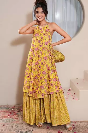 Yellow printed crepe gharara set