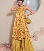 Yellow printed crepe gharara set