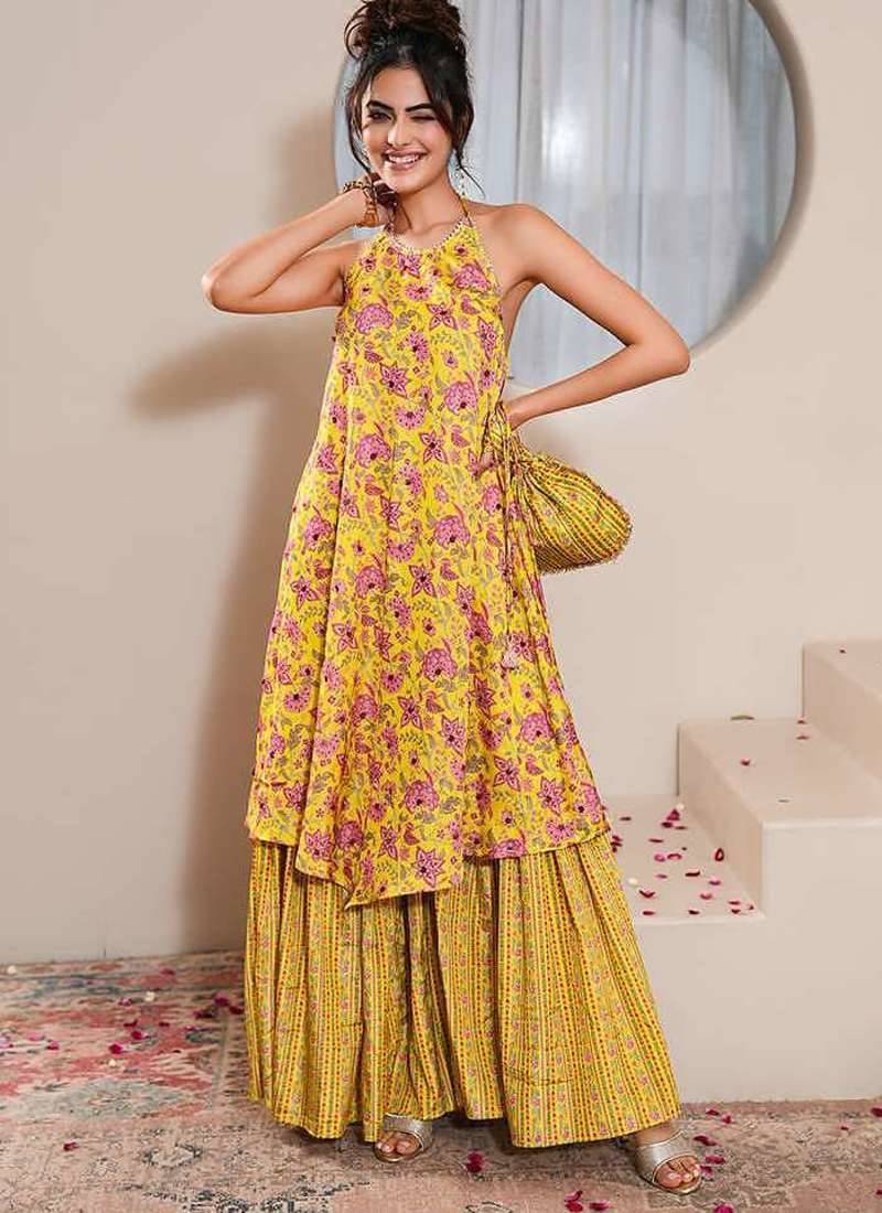 Yellow printed crepe gharara set