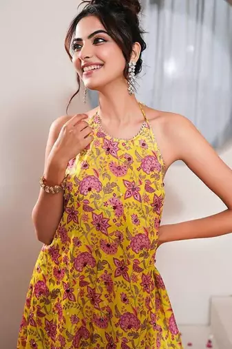 Yellow printed crepe gharara set